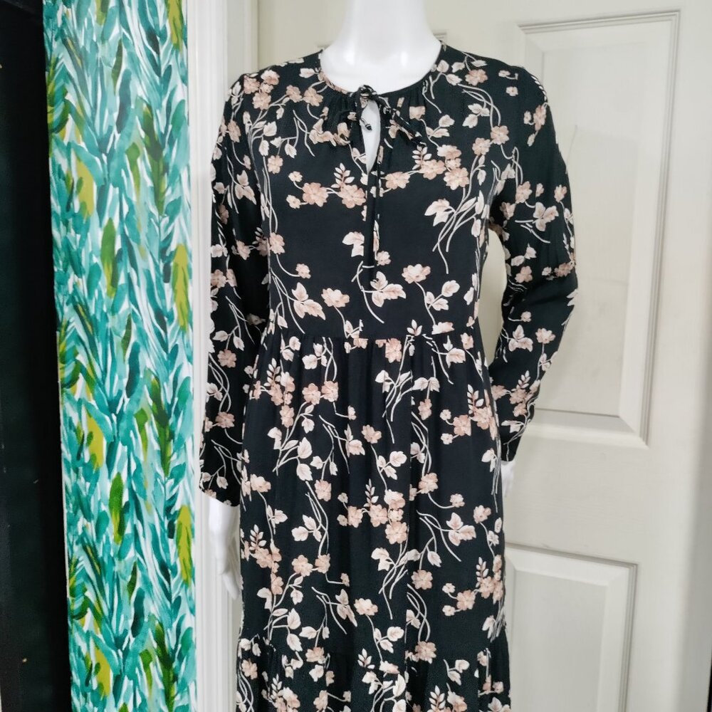 Porter Grey Long Sleeve Pleated Floral Whimsy Prairie Midi Sundress Black/Pink M - Picture 4 of 11